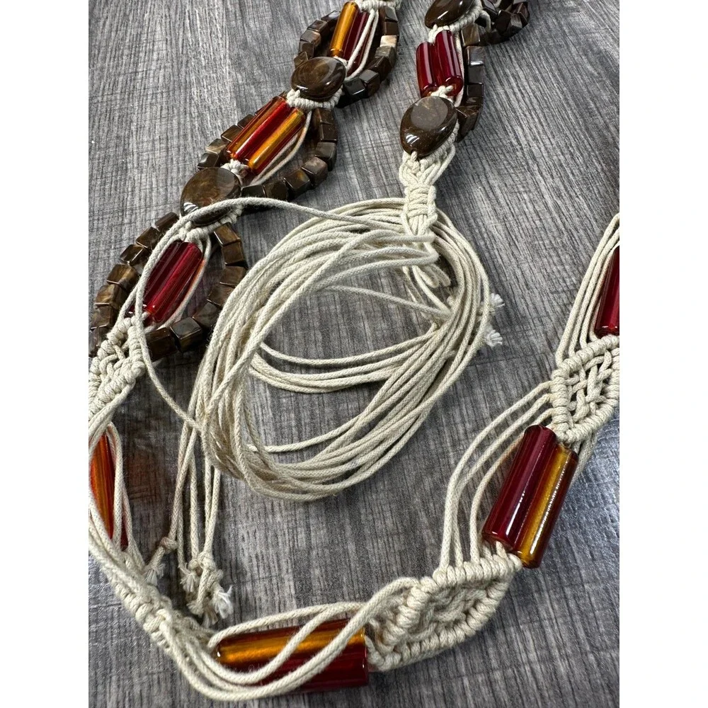 Women's Belt 77in Long 2in Wide Chunky Bead Earth Tone Woven Cords Tie Belt